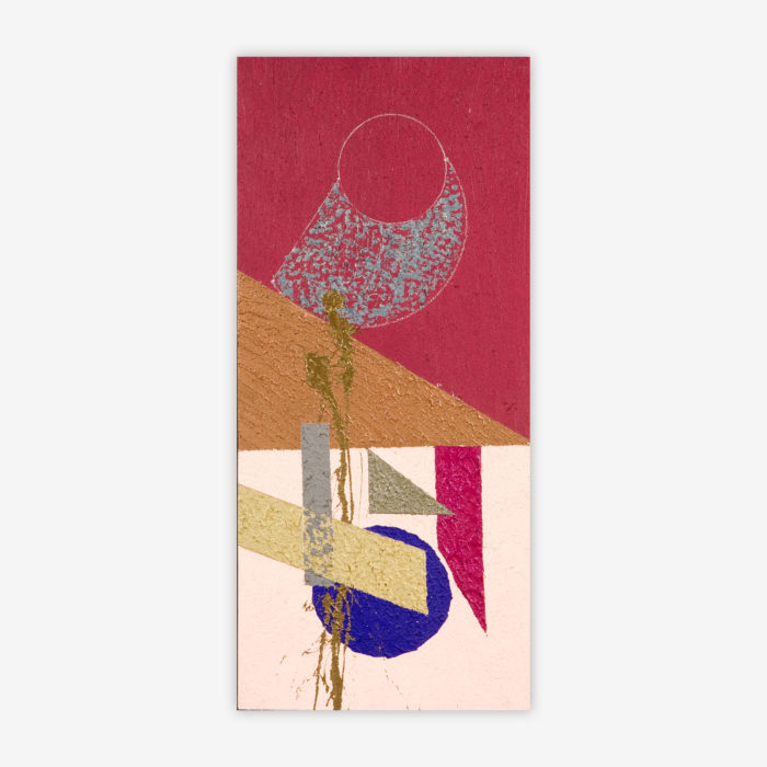 "Untitled" abstract painting by artist Andy Lash featuring geometric shapes and a pink, blue, gold and silver color palette.