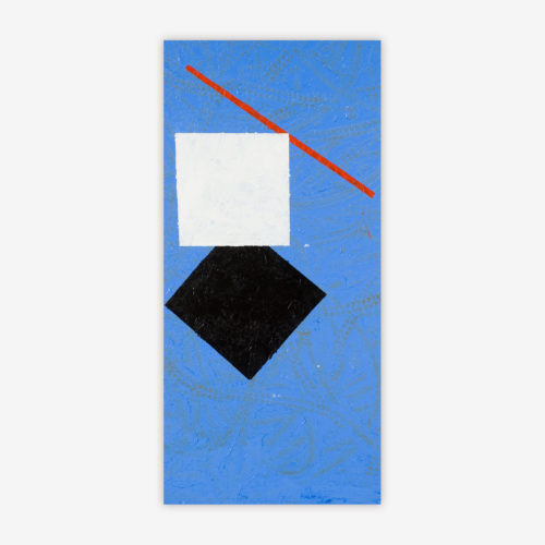 Abstract painting by artist Dion Alston titled "Friend" with black and white overlapping squares and red line against a bright blue background.