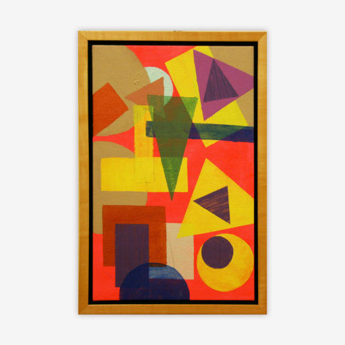 "Untitled" abstract, framed painting by artist Jenny Cox with colorful geometric shapes on a bright orange background.