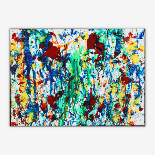 Abstract painting by artist Cheryl Chapin titled "The Window of Color" with bold design including splatter and drip paint in shades of blue, red, green, yellow, and orange on a white background.