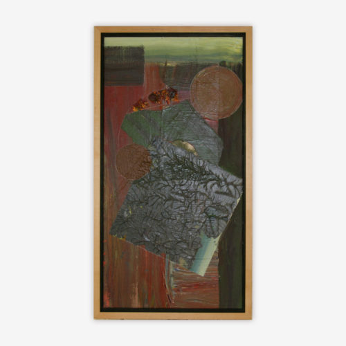 Abstract painting by artist Christopher Ryan titled "Scott Beil" with geometric shapes, texture, and pattern in subdued shades of black, brown, and green.