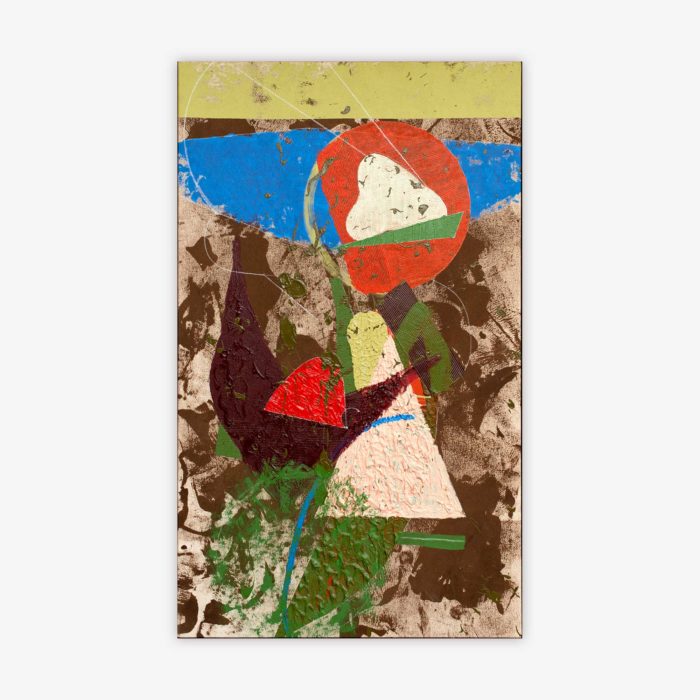 Abstract painting by artist Eric Corbin titled "My Mother and Me Coming Close to My Family" featuring a variety of shapes in shades of green, blue, orange, white, pink, and brown.
