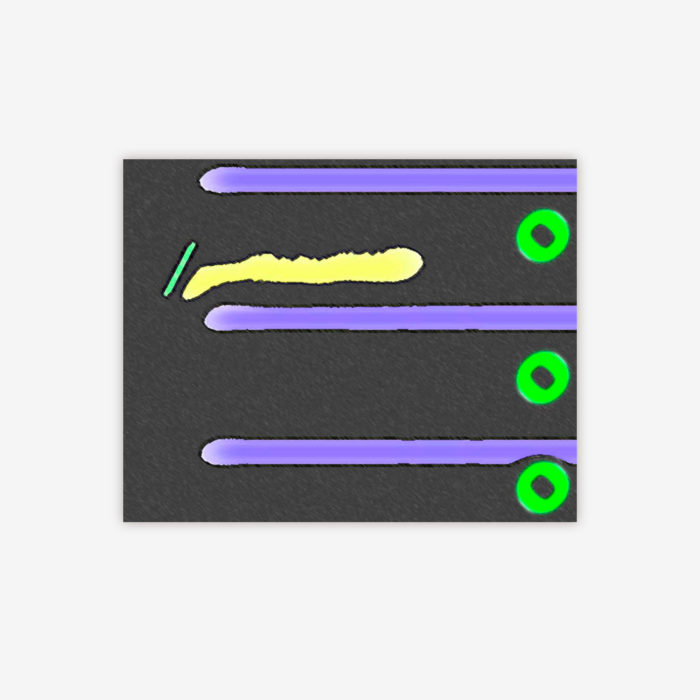 Abstract painting by artist Ellen Kane titled "The Street" featuring blue, green, and yellow linear shapes and circles on a black background.