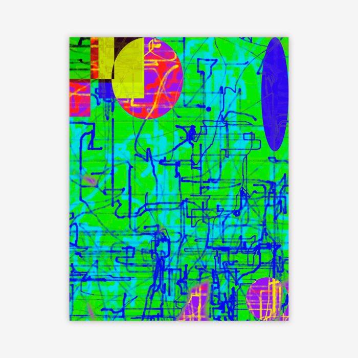 Abstract painting by artist Dion Alston titled "Ten" with complex, colorful pattern and shapes on a bright green background.