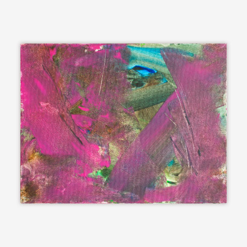 Abstract painting by artist Karen Frascella featuring colorful pattern with brush stokes in a pink, purple, blue, and green color palette.