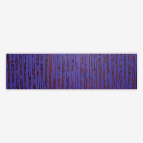 Abstract painting by artist Thomas Christian titled "Held between Bars" featuring a vertical all-over pattern and blue and red color palette.