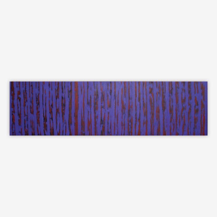 Abstract painting by artist Thomas Christian titled "Held between Bars" featuring a vertical all-over pattern and blue and red color palette.