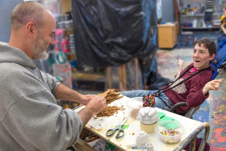 Artist Danielle Urso-king at work in the art studio at the Robert Schonhorn Arts Center.