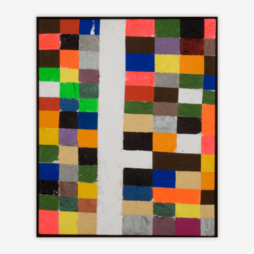 Abstract "Untitled" painting by artist Juanita Warren featuring numerous colorful squares and rectangles.