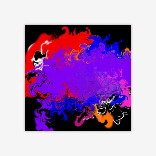 Abstract painting by artist Michael Cornely titled "Heaven and Hell Collide" with brilliantly colored swirled design on a black background.