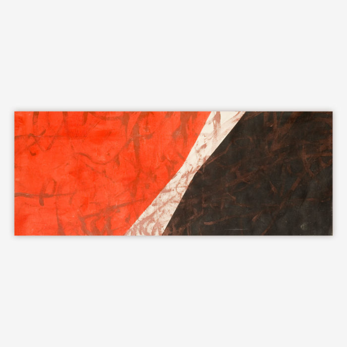 Abstract painting by artist Michael Cornely titled "Wolf Pack" featuring a bold design and orange, white, and black color palette.