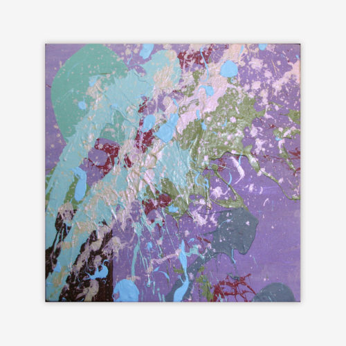 Abstract painting by artist Misty Hockenbury titled "My Color Wedding" featuring paint splatter design in shades of blue, green, and burgundy on a purple background.