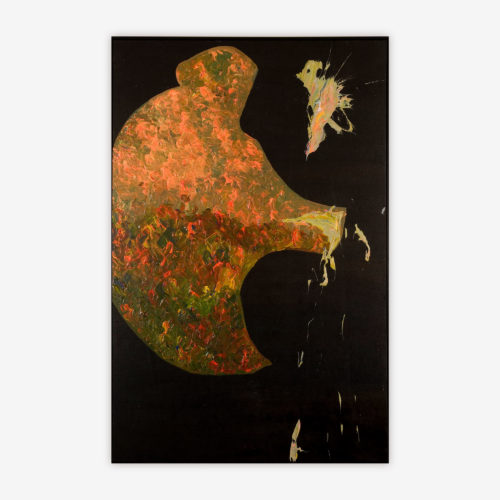"Untitled" abstract painting by artist Misty Hockenbury featuring a large and smaller amorphous shape with pattern and color on a black background.
