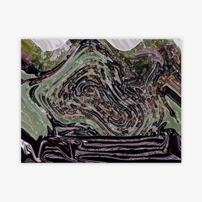 Abstract painting by artist Josh Handler titled "Animal Buffalo Tennis" featuring a complex pattern in shades of green, black, lavender, and brown.