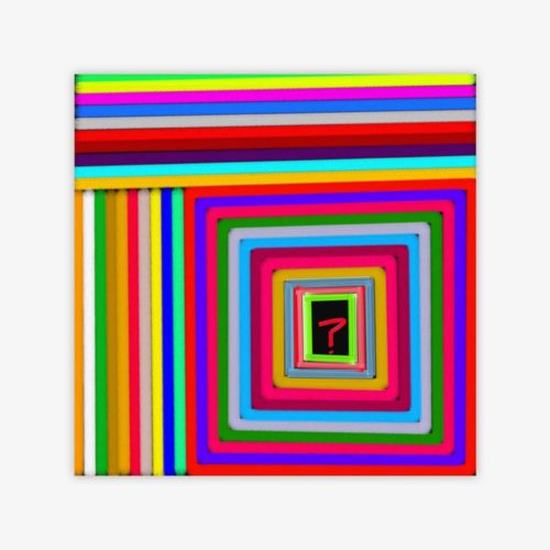 Painting by artist Christopher Saglimbene titled "Prism Kombat" featuring colorful geometric design surrounding a question mark.