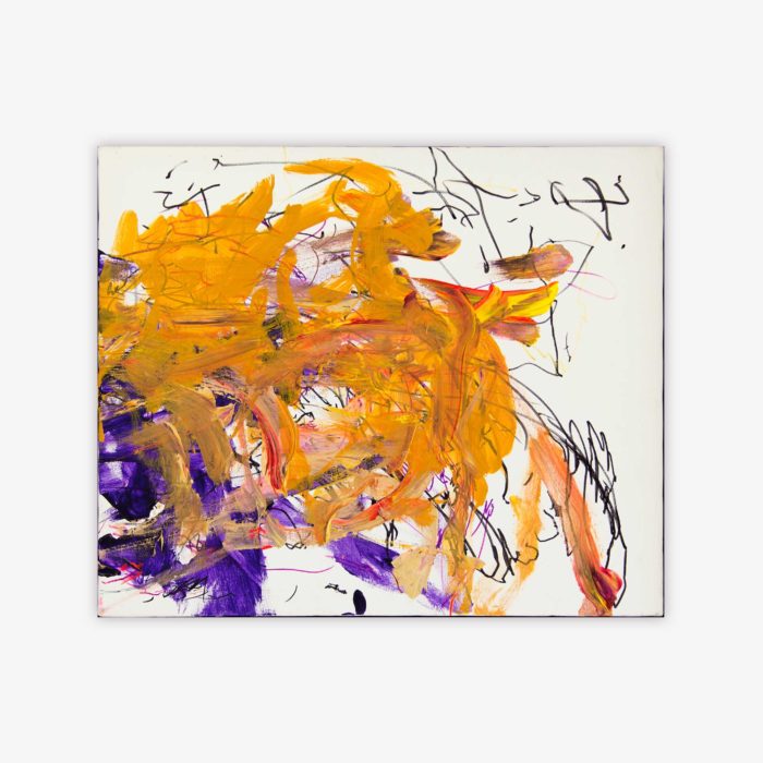 Abstract painting by artist Chet Cheesman titled "Hour Dream" with bold pattern in shades of yellow, purple, red, and black on a white background.