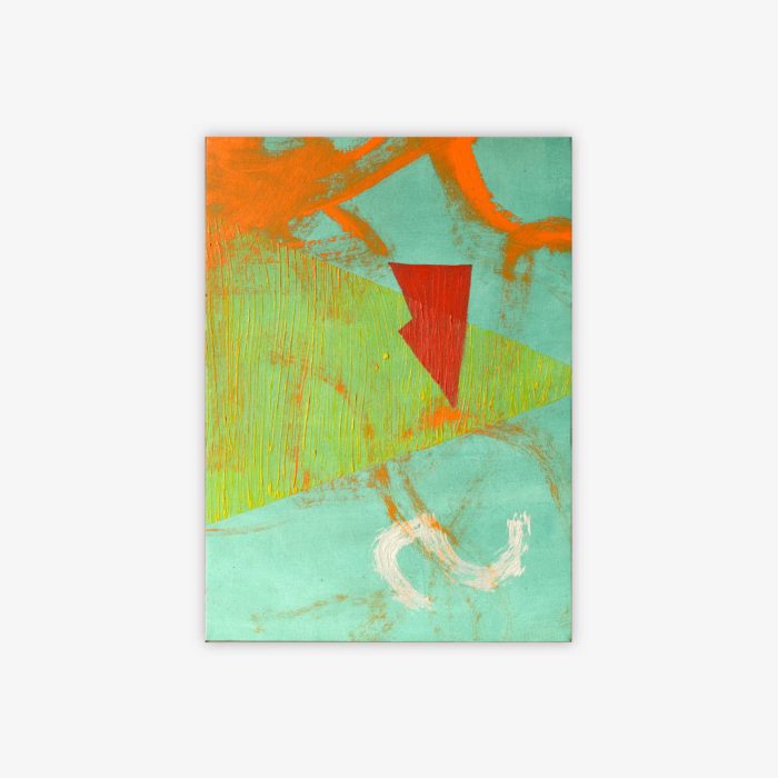 Abstract "Untitled" painting by artist Ellen Kane with geometric shapes and pattern in shades of orange, red, green, and white on an aqua background.