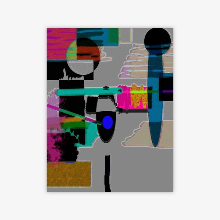 Abstract painting by artist Mike Martin titled "ACB" with colorful shapes and pattern on a grey background.