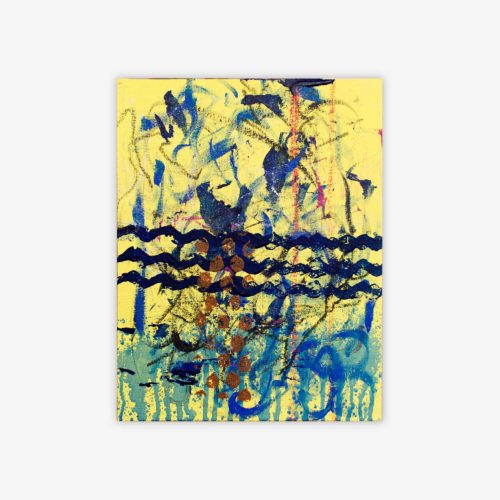 Abstract painting by artist Ellen Kane titled "VAR-FiRY-C" with a variety of patterns in blue, black, brown, and red on a yellow background.