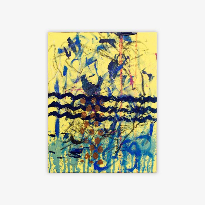 Abstract painting by artist Ellen Kane titled "VAR-FiRY-C" with a variety of patterns in blue, black, brown, and red on a yellow background.