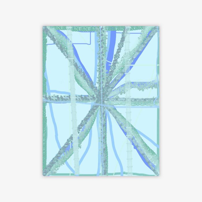 Abstract painting by artist James Lane titled "Blue" with crossing linear shapes in shades of blue and grey on a lighter blue background.