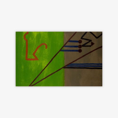 Abstract painting by artist Dennis Bernhardt titled "My Sister Linda" with linear shapes in shades of black, blue, and red on a green taupe background.