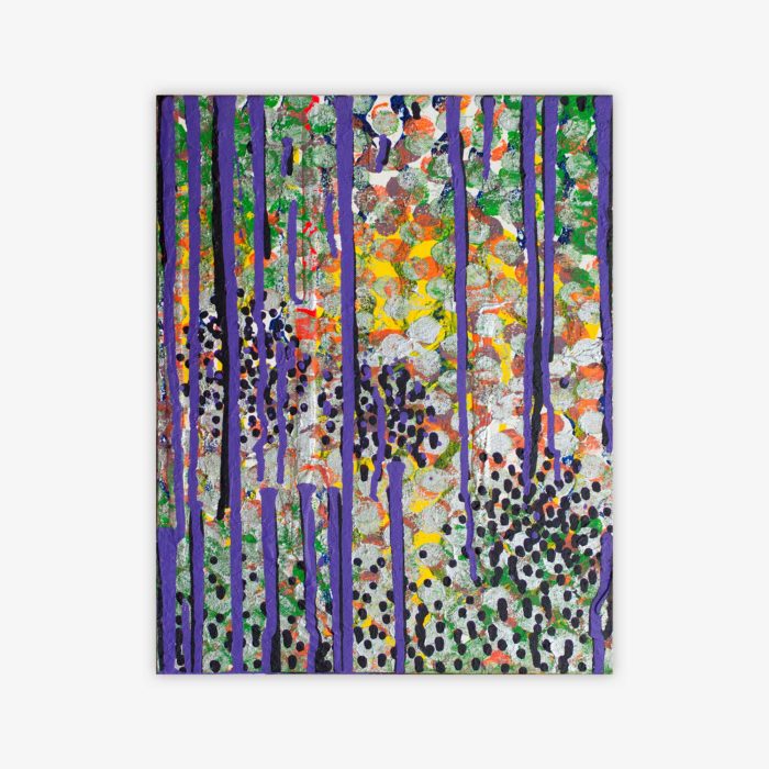 Painting by artist Tammy Heppner titled "Frozen Icicles" featuring linear shapes on a patterned background in shades of blue, yellow, green, orange, white, and black.