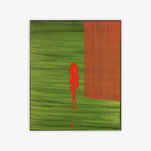 Abstract painting by artist Paul Santo titled "Michelle" featuring a red and green color palette.