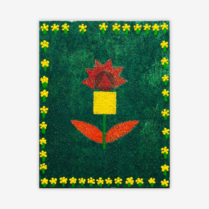 Painting by artist Jessica Evans titled "Time Once a Year" featuring a colorful flower and flower border design on a green background.