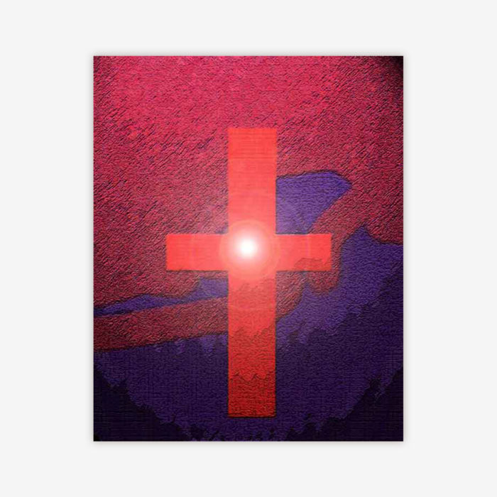 Painting by artist Thomas Christian titled "The Cross and the Light" featuring a cross in red and bright light on a pink and purple background.