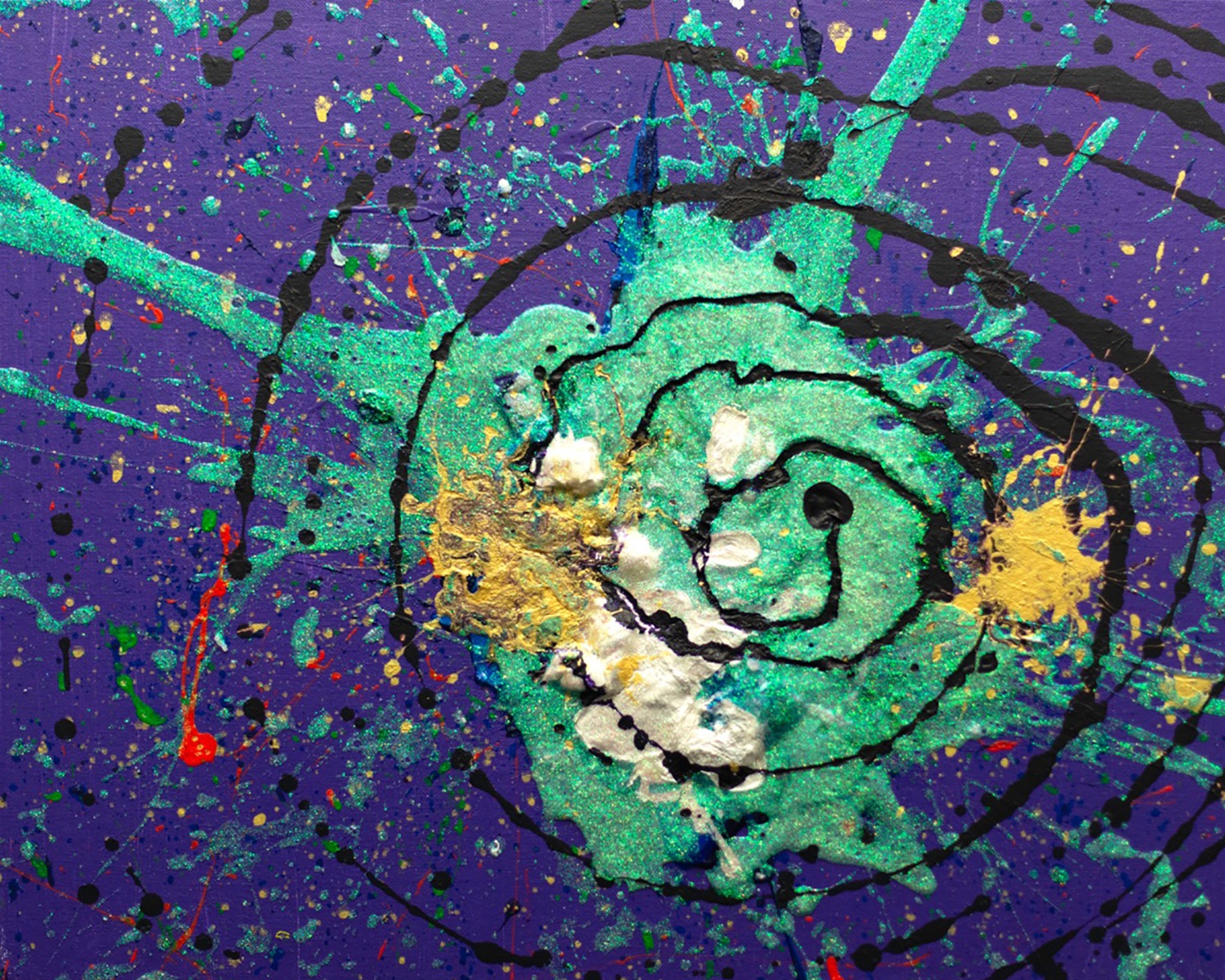 Abstract painting by artist Chet Cheesman featuring bullseye design and splatter in black, green, yellow, and red on a purple background.