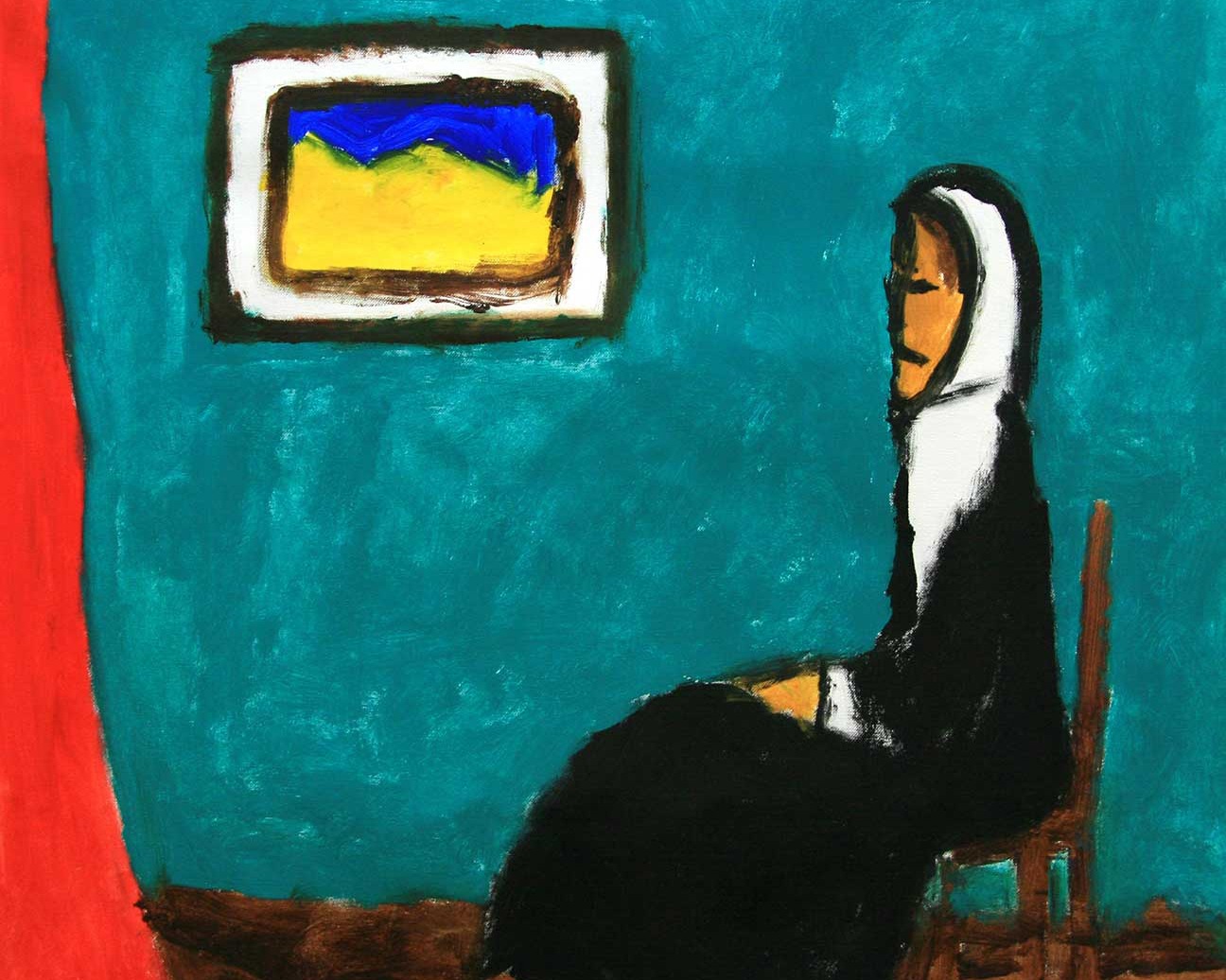 Cropped portion of a painting by artist Christopher Palmer featuring a seated woman in front of a blue wall with painting and red drape.