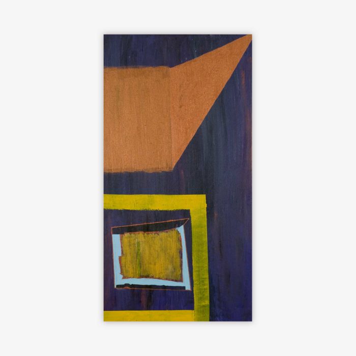 Abstract painting by artist Dennis Bernhardt titled "Scott Sculpture" featuring geometric shapes in shades of yellow, blue, and copper on a darker blue background.