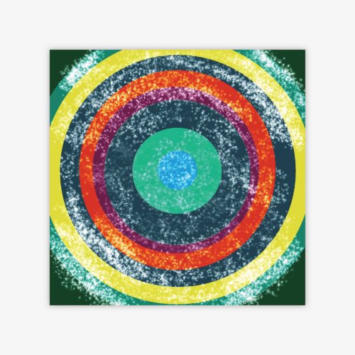 Painting by artist Isabell Villacis titled "The Tie Dye Painting" featuring colorful concentric circles in shades of green, yellow, blue, red, purple, and white.