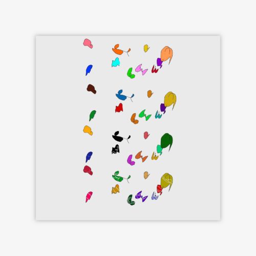 Painting by artist Josh Handler titled "Flying High" featuring colorful shapes on a white background.