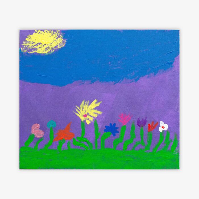 Painting by artist Cheryl Chapin titled "A Burst of Spring" with colorful flowers and grass under a sunny blue sky.