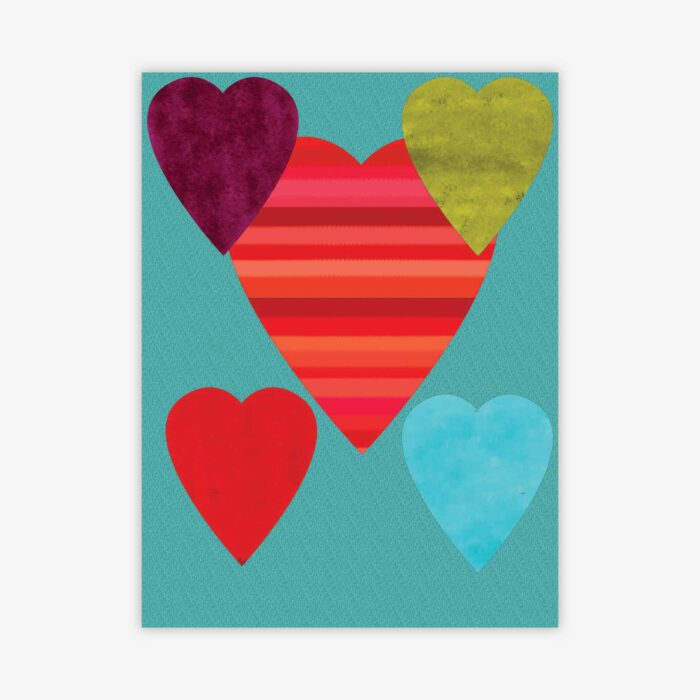 "Untitled" painting by artist Misty Hockenbury featuring heart shapes in shades of purple, green, red, and light blue on a darker blue background.