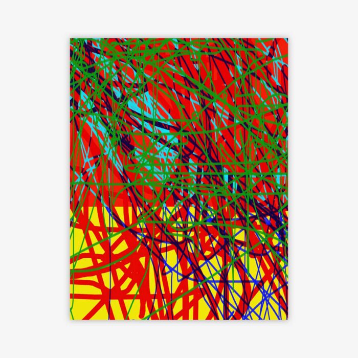 Abstract painting by artist Dion Alston titled "Spring" featuring a bold design in shades of red, yellow, blue, and green.