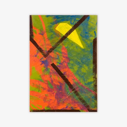 Abstract painting by artist Eric Corbin titled "Unity" featuring dark rectangular shapes on a colorful background in shades of orange, purple, green, and yellow.