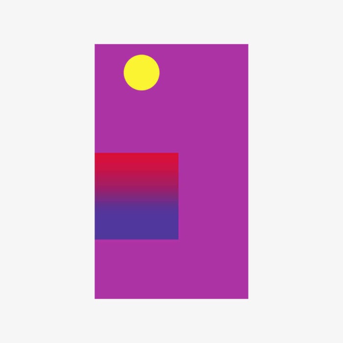 Abstract "Untitled" painting featuring geometric shapes in shades of yellow, red, and blue on a purple background.