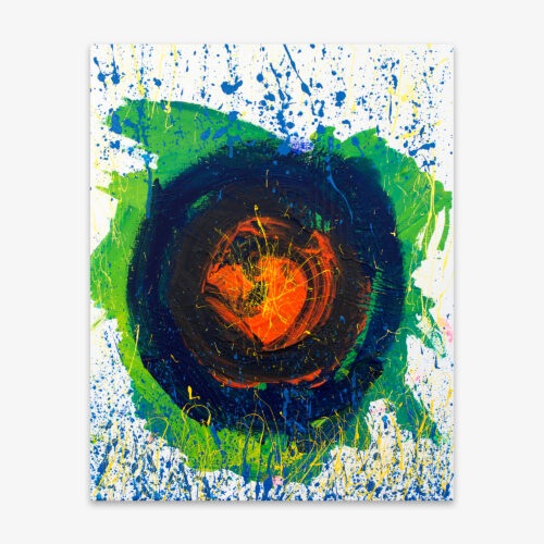Abstract painting by artist Cheryl Chapin titled "An Expanding Universe" featuring blue, green, and orange bulls eye design surrounded by fine blue and yellow splatter paint on a white background.