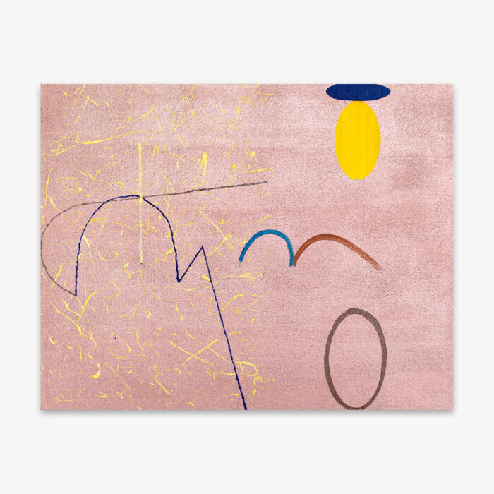 Abstract painting by artist Ellen Kane titled "Sister" featuring oval shapes and linear design in shades of blue, yellow, grey, and brown on a lavender background.