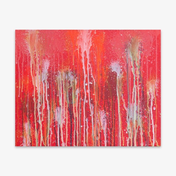 Abstract painting titled "I'm a Survivor of the COVID-19 Virus" by artist Isabell Villacis featuring drip paint design in shades of white, plum, and orange on a red background.