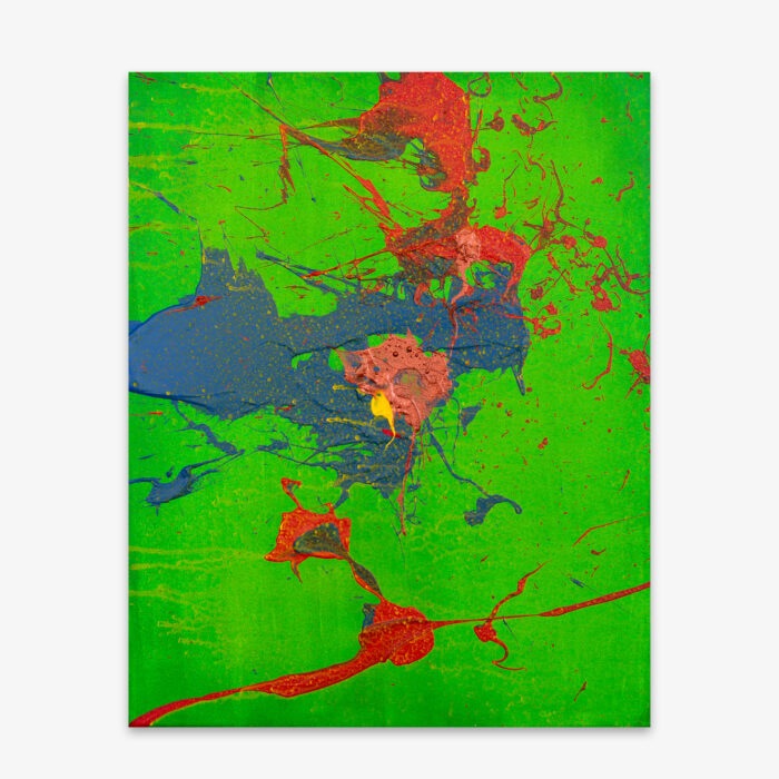 Abstract "Untitled" painting by artist Lee Papierowicz with red, pink, and blue splatter on a vibrant green background.