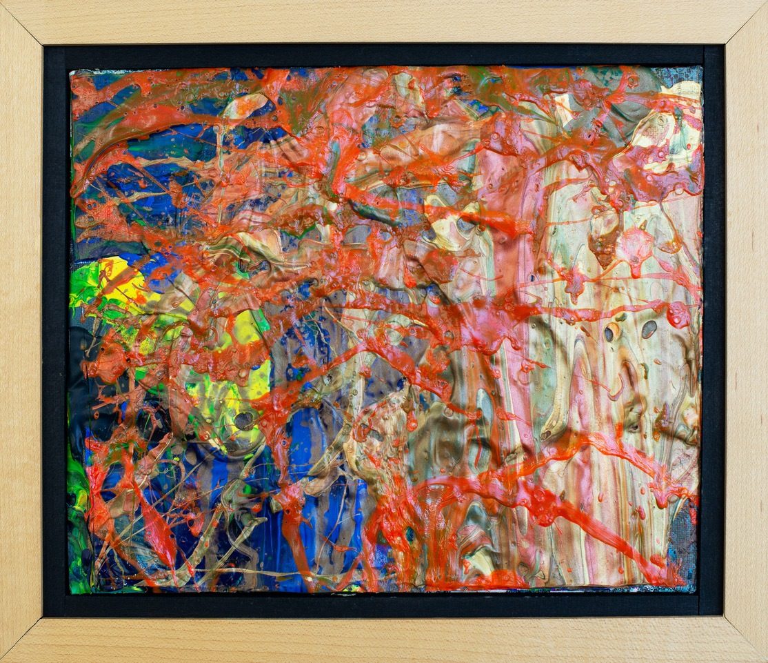 Framed "Untitled" abstract painting by artist Hassan Daughety with splatter design in vibrant shades of red, orange, blue, and yellow.