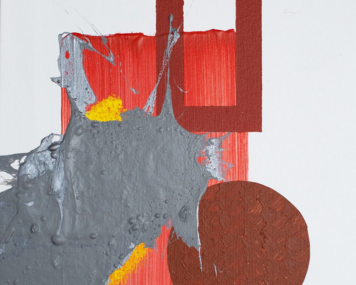 Cropped portion of an abstract painting by artist Karen Frascella titled "West City" in shades of red, yellow, and silver on a light background.