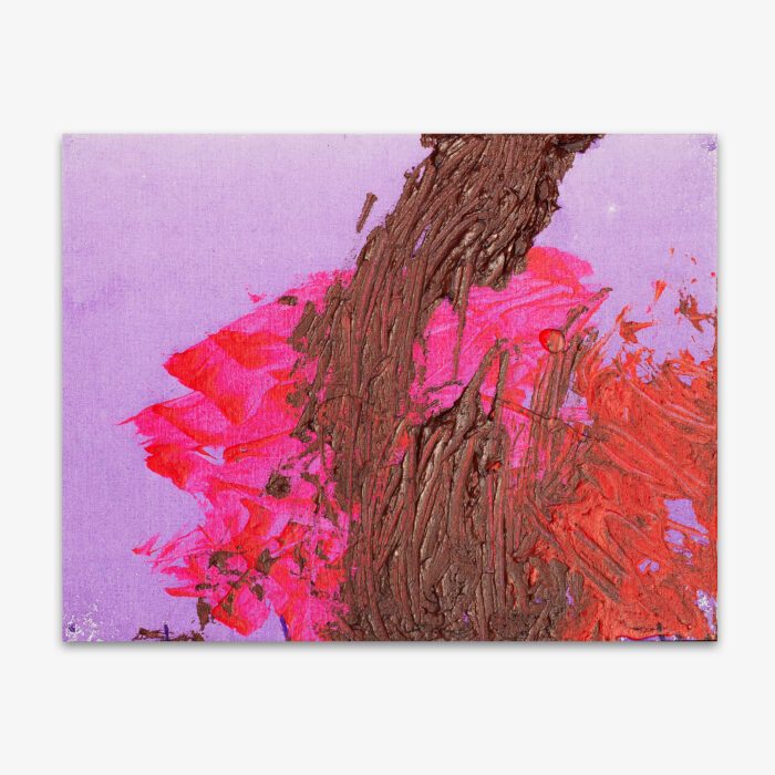 Abstract painting by artist Amy Myers titled "Butterflies in Spring" in pink, red, and brown shapes on a bright lavender background.