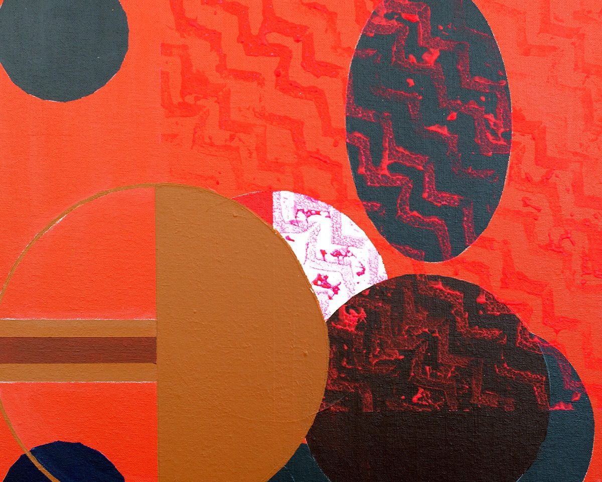 Cropped portion of an abstract painting by artist Karen Frascella with geometric shapes in shades of blue, tan, black, and white on a bright orange background.