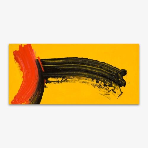 Abstract "Untitled" painting by artist Ellen Kane with black and orange bold brush strokes on a yellow background.