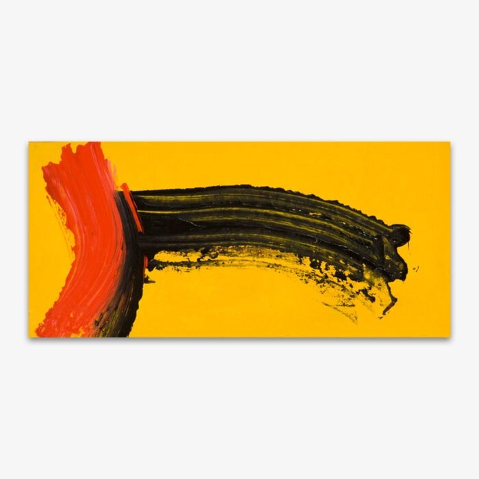 Abstract "Untitled" painting by artist Ellen Kane with black and orange bold brush strokes on a yellow background.